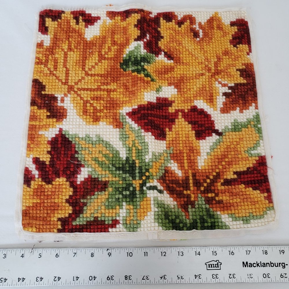 Vintage Completed Pillow Top 16x16 Needlepoint Needlework Maple Leaves